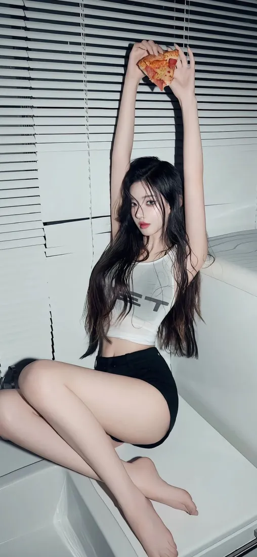 美女手机壁纸｜室内背景 - 白衣黑裤坐姿「哲风壁纸」