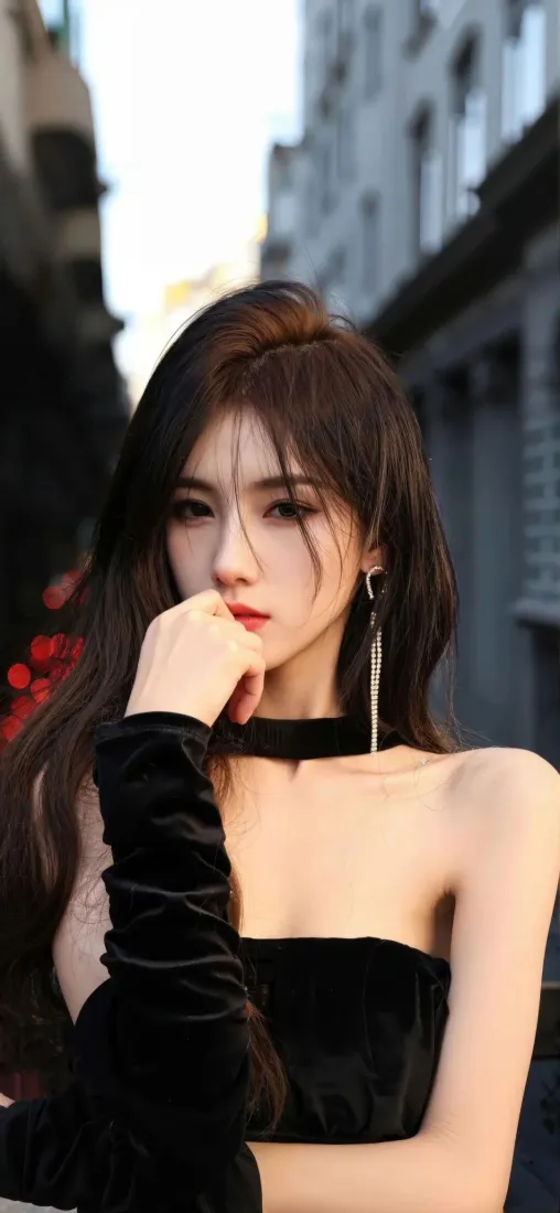 黑衣美女手机壁纸｜都市街景 - 红唇长发「哲风壁纸」