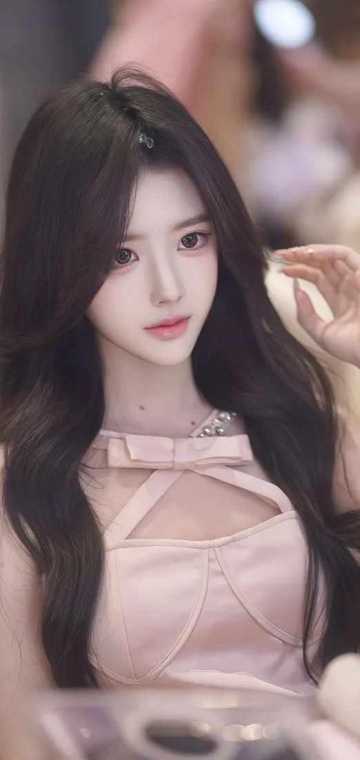 粉色美女手机壁纸｜精致妆容背景 - 长发「哲风壁纸」