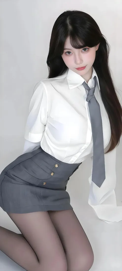 美女手机壁纸｜白色背景 - 白衬衫灰裙黑丝「哲风壁纸」