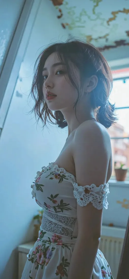 碎花裙美女手机壁纸｜室内清新背景图片 - 露肩裙「哲风壁纸」