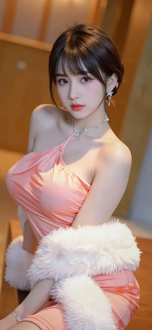 粉色裙美女手机壁纸｜室内背景 - 毛绒披肩「哲风壁纸」