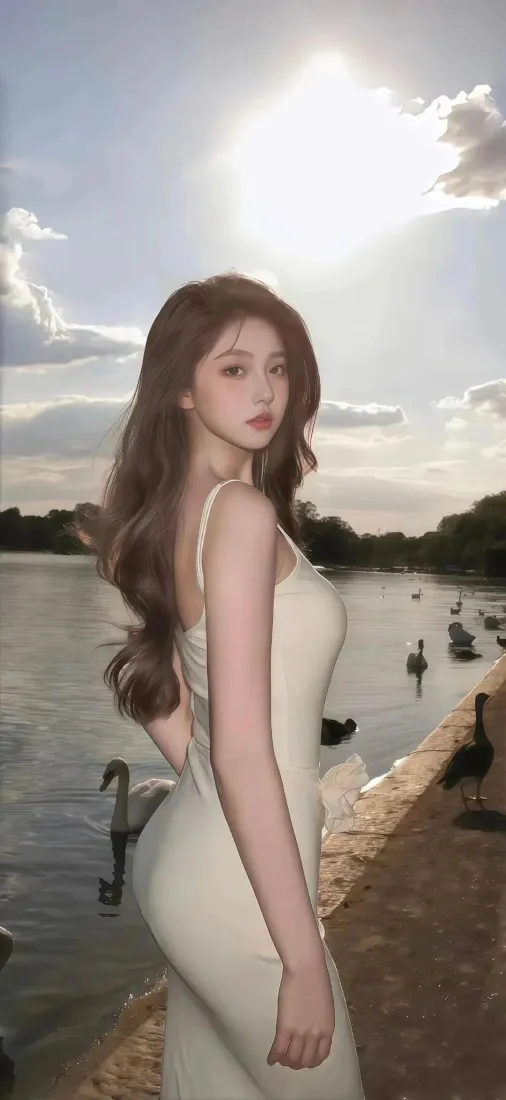 白衣美女手机壁纸｜湖泊天鹅背景 - 户外晴天「哲风壁纸」
