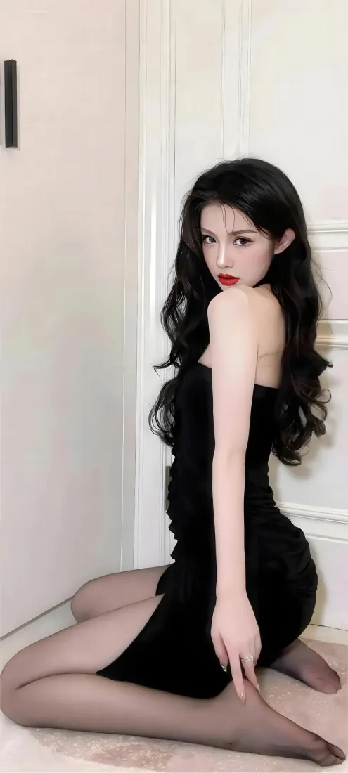 黑衣美女手机壁纸｜室内背景图片 - 黑丝红唇「哲风壁纸」