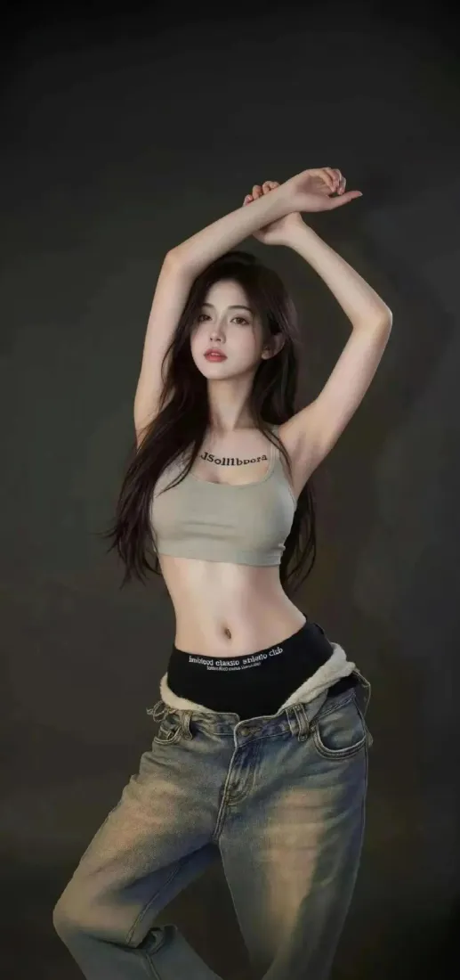 时尚美女手机壁纸｜暗色背景 - 灰背心牛仔裤「哲风壁纸」