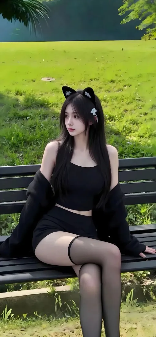 美女猫耳黑丝手机壁纸｜草地长椅背景 - Ios「哲风壁纸」