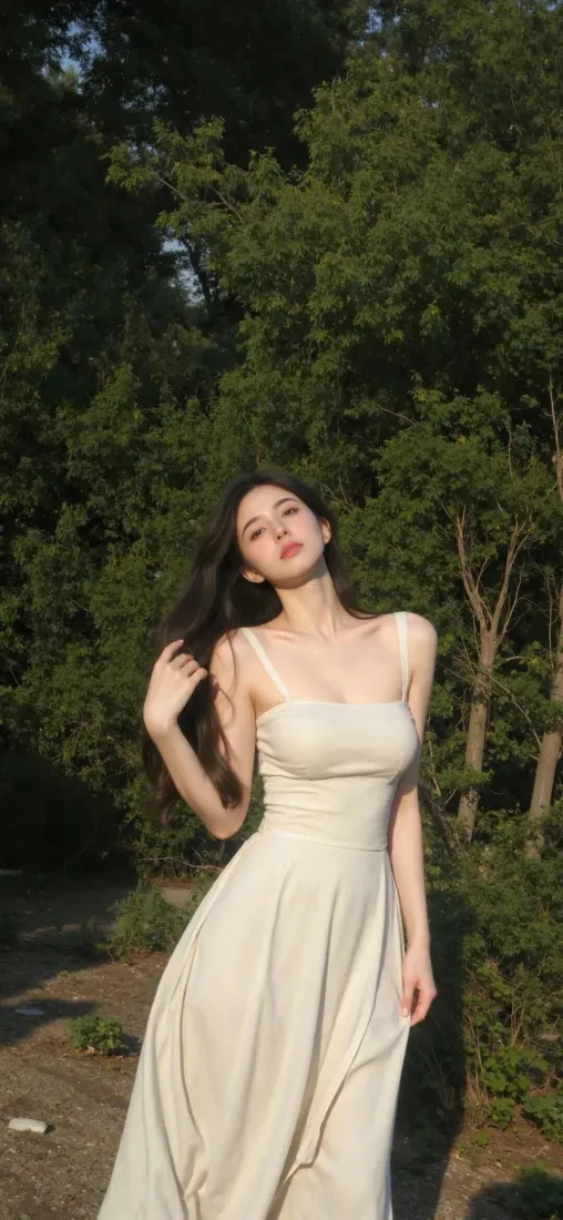 美女手机壁纸｜树林背景图片 - 米色长裙「哲风壁纸」