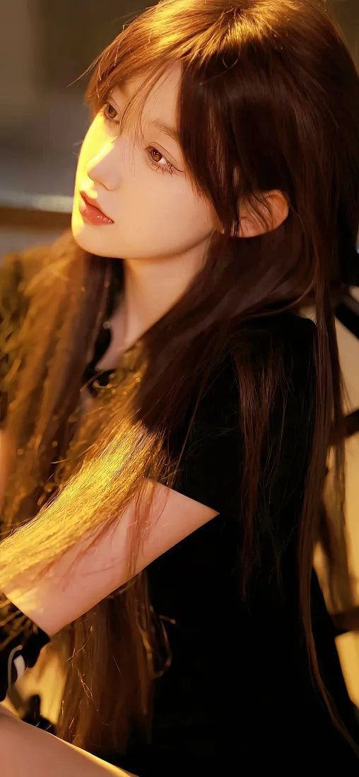 黑衣美女手机壁纸｜暖光背景图片 - 长发美女「哲风壁纸」