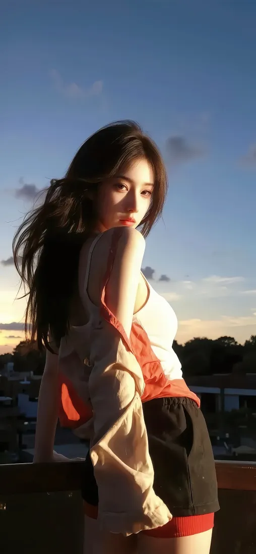红衣美女手机壁纸｜黄昏天空 - 户外长发「哲风壁纸」