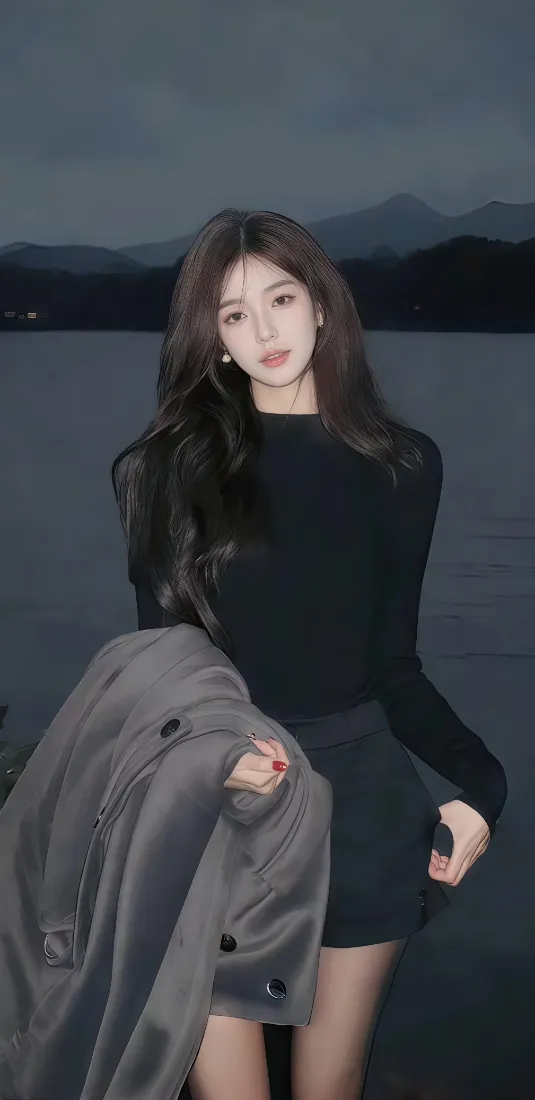 黑衣美女手机壁纸｜湖泊远山背景 - 夜色「哲风壁纸」