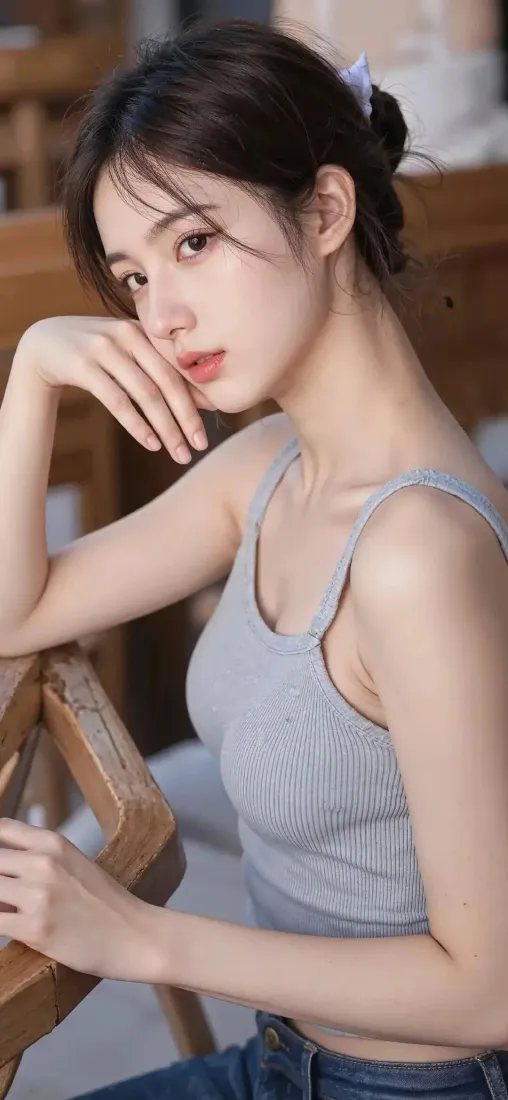 灰色背心美女手机壁纸｜室内背景 - 清纯「哲风壁纸」