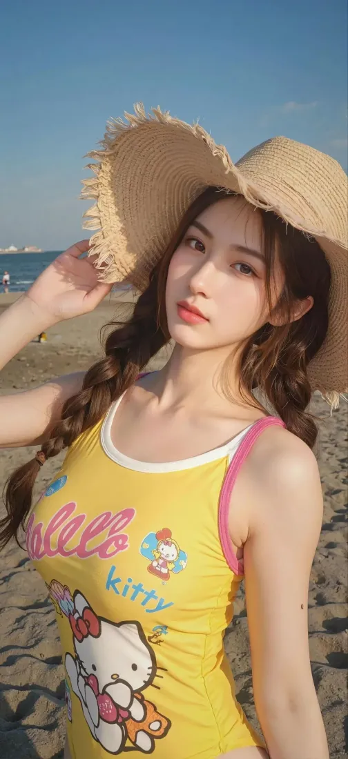 Hello Kitty美女手机壁纸｜海边沙滩 - 黄泳衣「哲风壁纸」