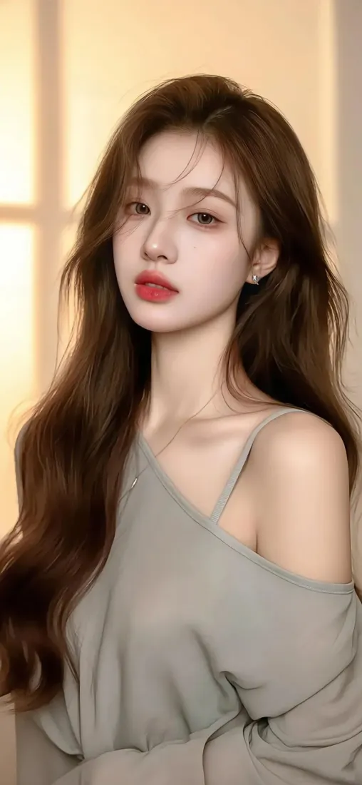 美女手机壁纸｜室内背景图片 - 长发露肩「哲风壁纸」