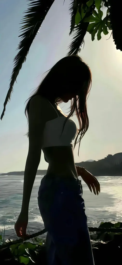 海边美女剪影手机壁纸｜日落海滩背景 - 棕榈树「哲风壁纸」