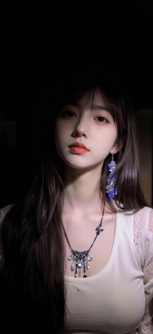美女手机壁纸｜暗色背景 - 蓝耳饰项链「哲风壁纸」