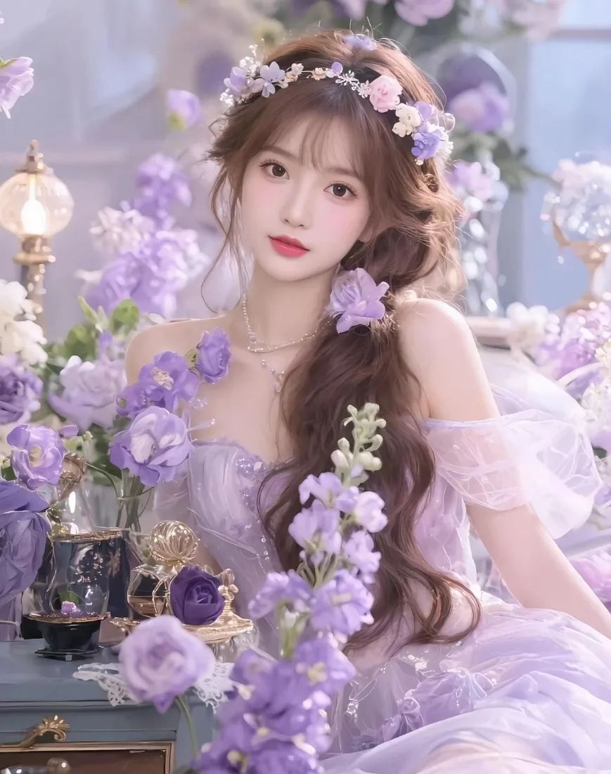 美女手机壁纸｜紫花背景 - 紫色礼服「哲风壁纸」