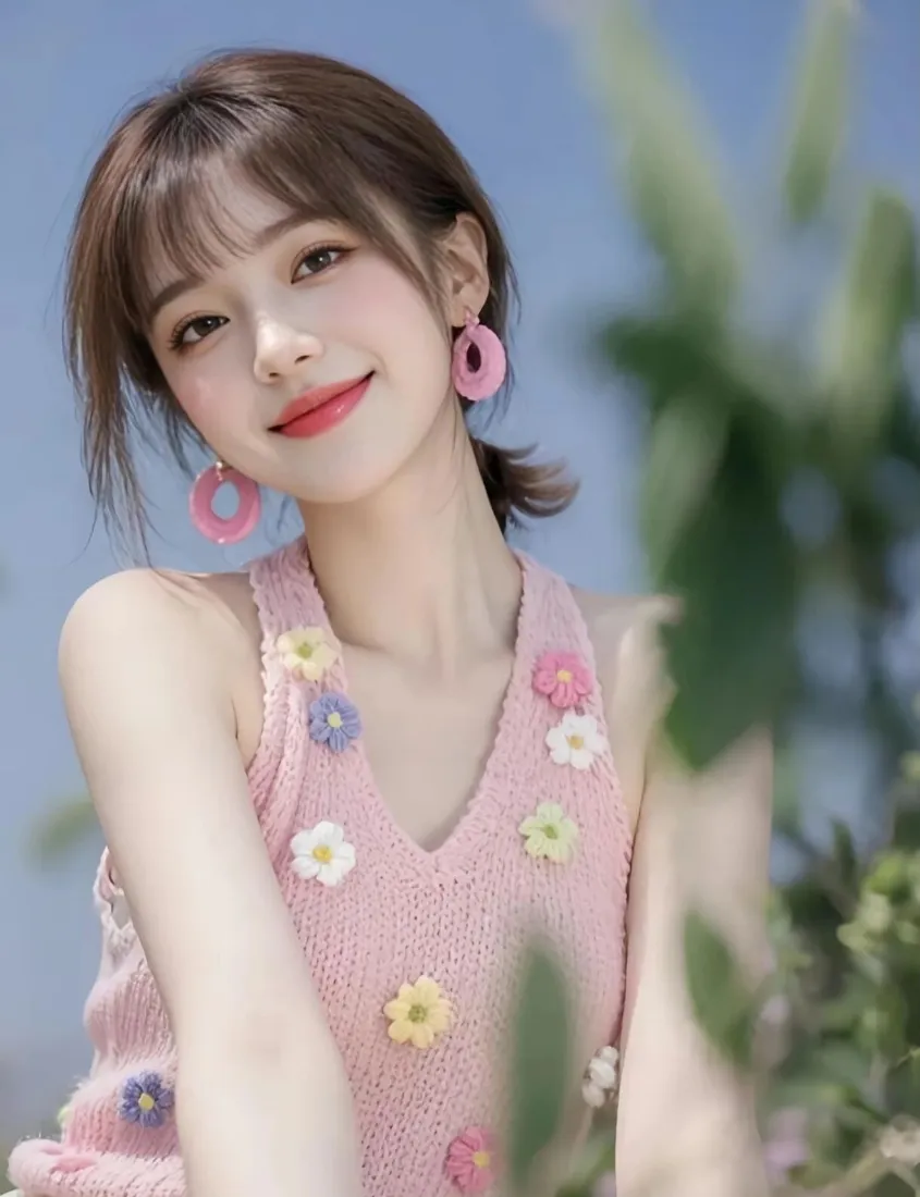 粉色背心美女手机壁纸｜绿植蓝天背景 - 花饰「哲风壁纸」