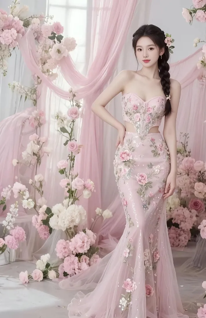 粉色花裙美女手机壁纸｜花纱背景 - 优雅「哲风壁纸」