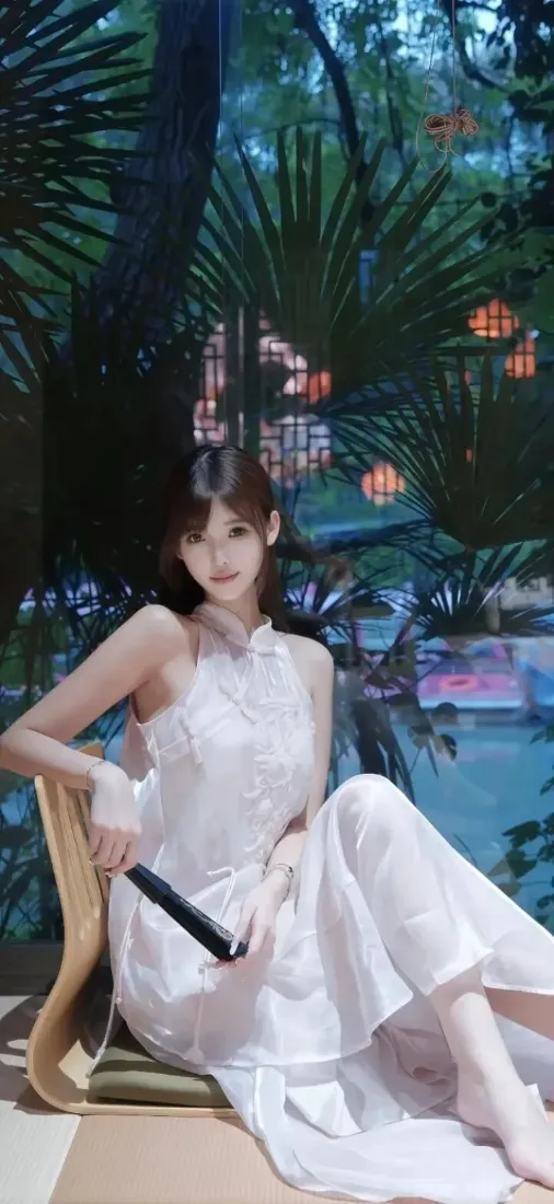 白衣美女手机壁纸｜中式园林背景 - 夜景灯笼「哲风壁纸」