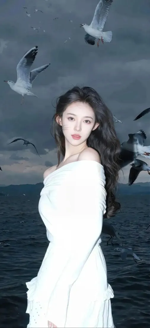 白衣美女手机壁纸｜大海海鸥背景图 - 阴天海景「哲风壁纸」