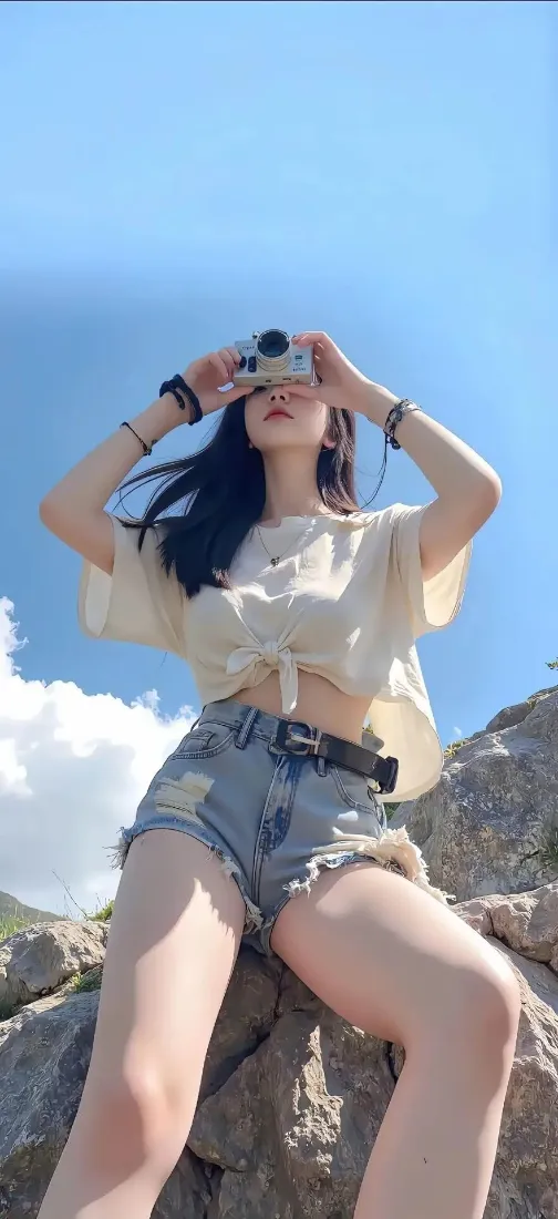 美女手机壁纸｜户外蓝天岩石 - 墨镜短裤「哲风壁纸」
