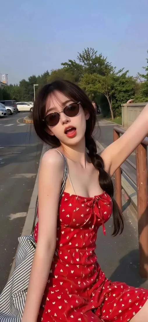 红衣美女手机壁纸｜街头 - 波点裙墨镜「哲风壁纸」