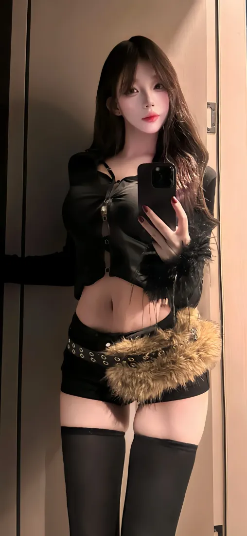 黑衣美女手机壁纸｜自拍 - 黑丝毛绒腰包「哲风壁纸」