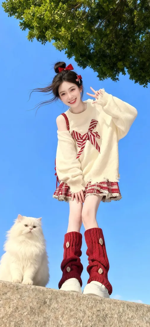 红衣美女手机壁纸｜蓝天白猫 - 红靴洛丽塔「哲风壁纸」