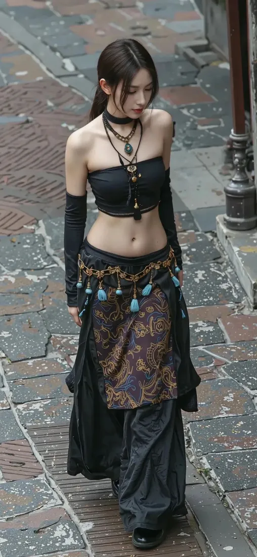 黑衣美女手机壁纸｜石板路小巷背景 - 异域风「哲风壁纸」