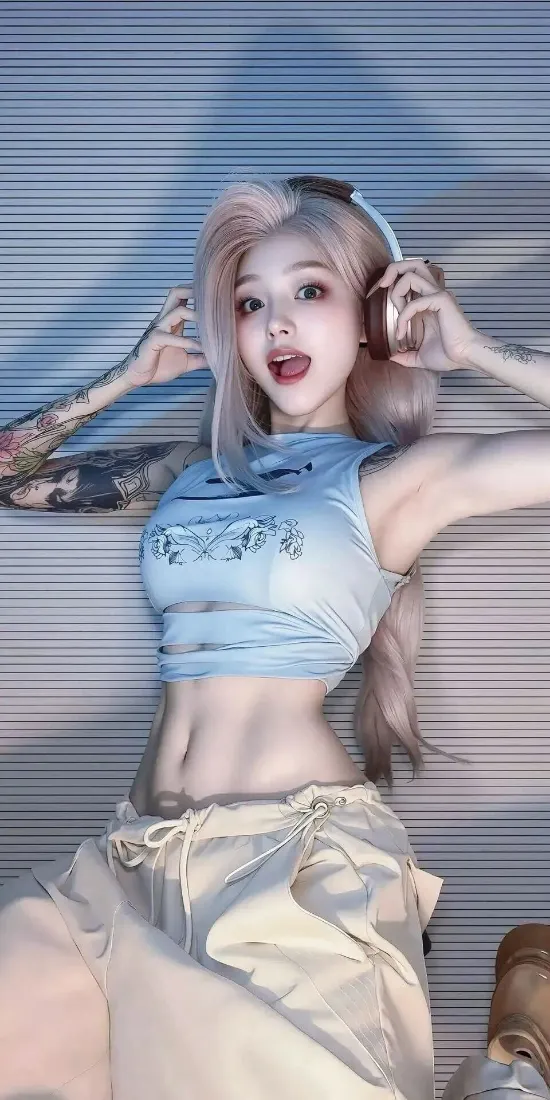 纹身美女手机壁纸｜条纹背景 - 蓝上衣米色裤「哲风壁纸」