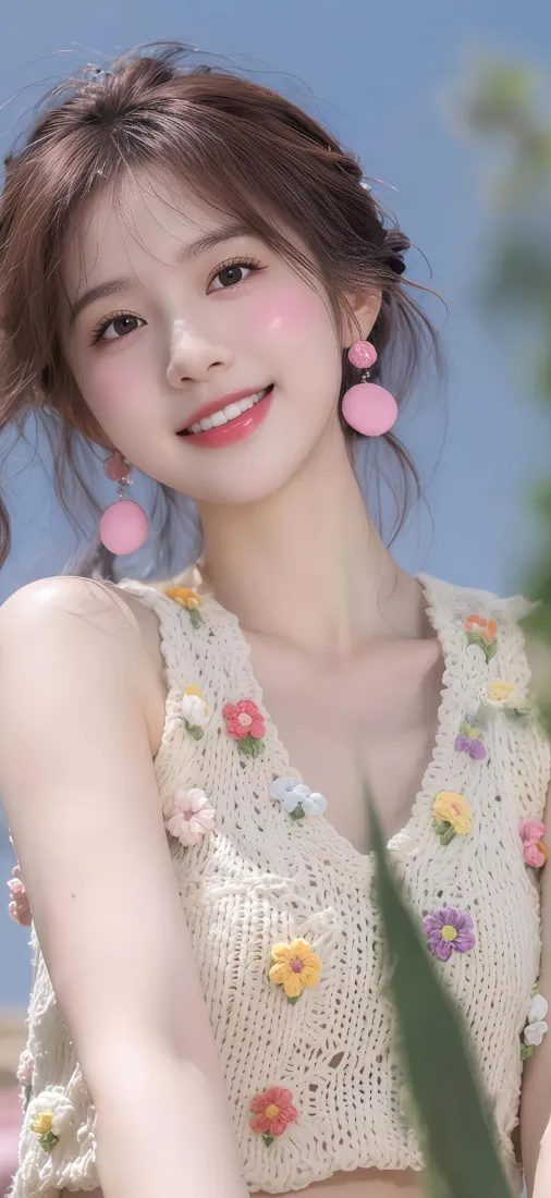 花饰上衣美女手机壁纸｜蓝天背景图片 - 粉色耳环「哲风壁纸」