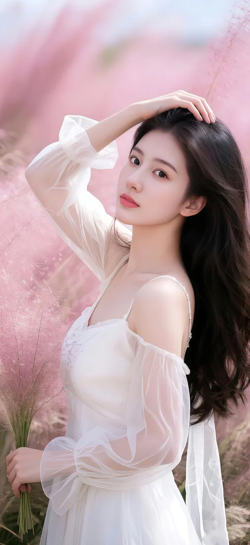 白衣美女手机壁纸｜粉草背景 - 清新长裙「哲风壁纸」