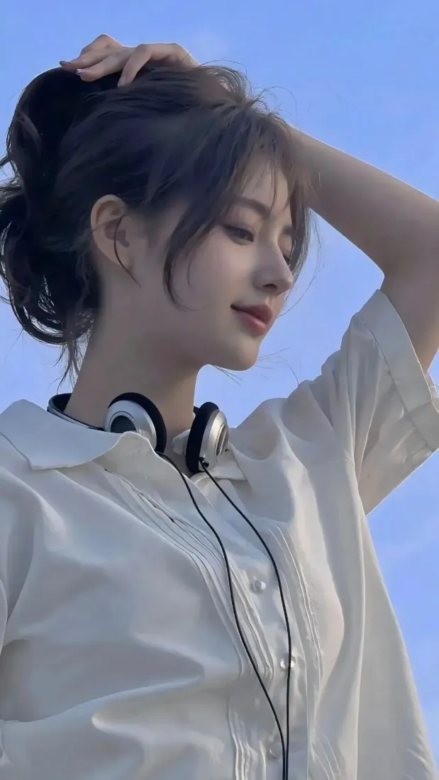 白衣美女手机壁纸｜蓝天背景图片 - 耳机「哲风壁纸」