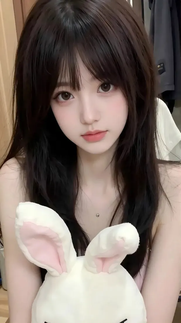 长发美女手机壁纸｜室内背景 - 兔子玩偶「哲风壁纸」