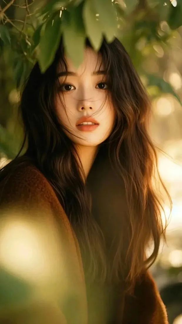 长发美女手机壁纸｜绿叶背景图片 - 暖光「哲风壁纸」