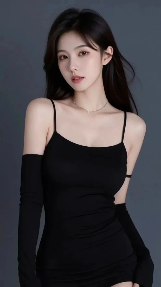 黑衣美女手机壁纸｜灰色背景 - 时尚穿搭「哲风壁纸」