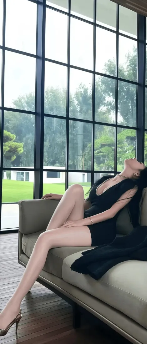 黑衣美女手机壁纸｜室内背景图片 - 沙发高跟鞋「哲风壁纸」