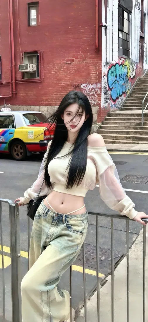 美女手机壁纸｜街头涂鸦背景 - 露脐装「哲风壁纸」