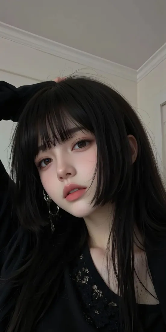 黑衣美女手机壁纸｜室内背景 - 黑发妆容「哲风壁纸」