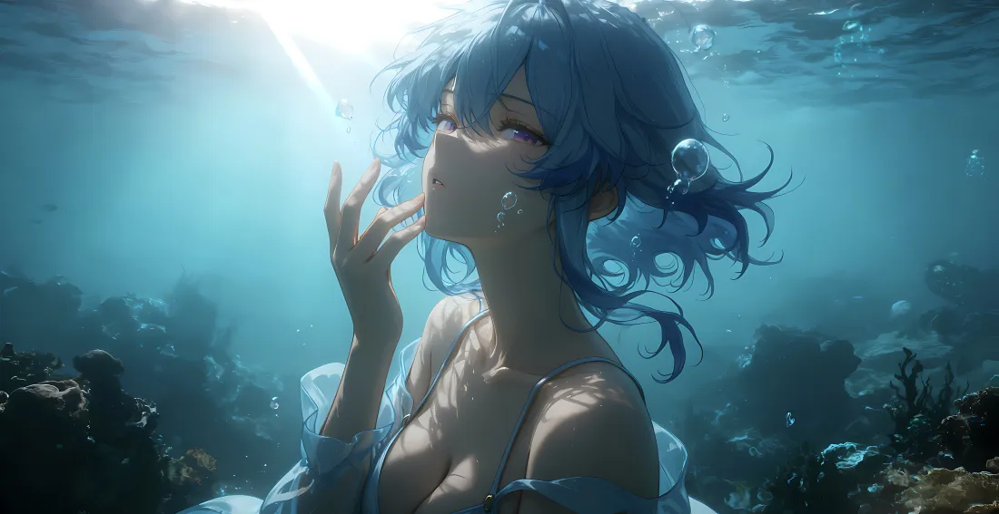 4k蓝发动漫美女壁纸｜海底背景图片 - 阳光「哲风壁纸」