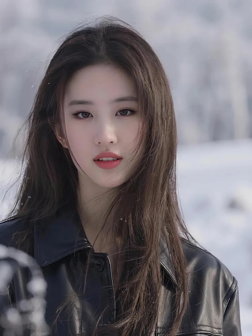 雪景美女手机壁纸｜雪地背景图片 - 黑色皮衣美女「哲风壁纸」