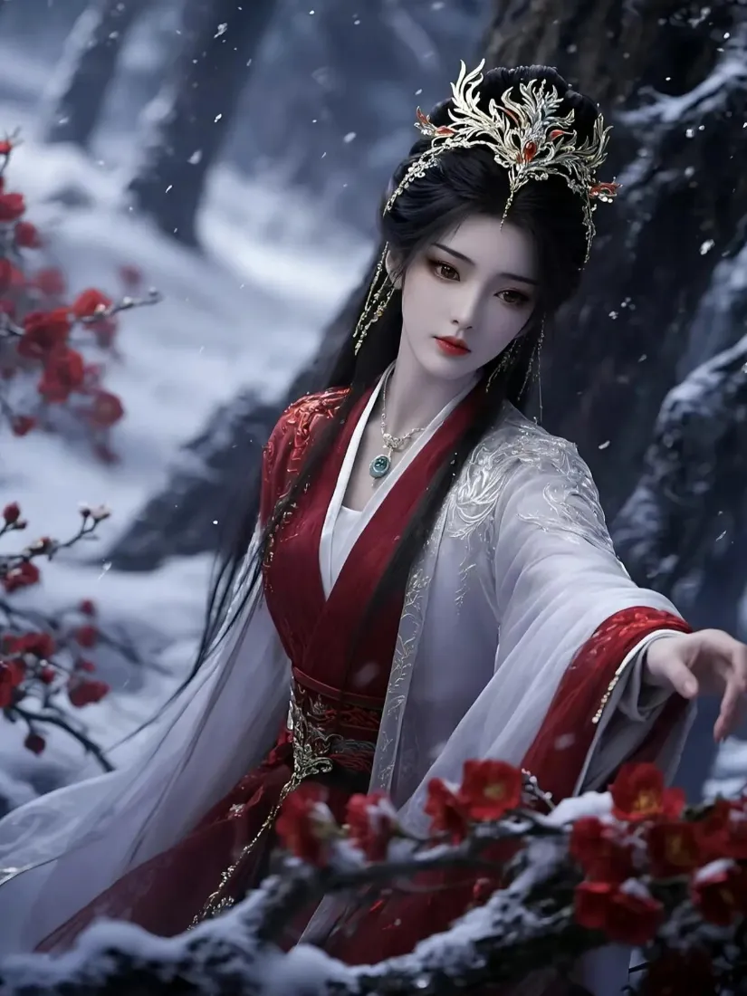红衣美女手机壁纸｜雪景红梅背景图片 - 古风仙侠「哲风壁纸」