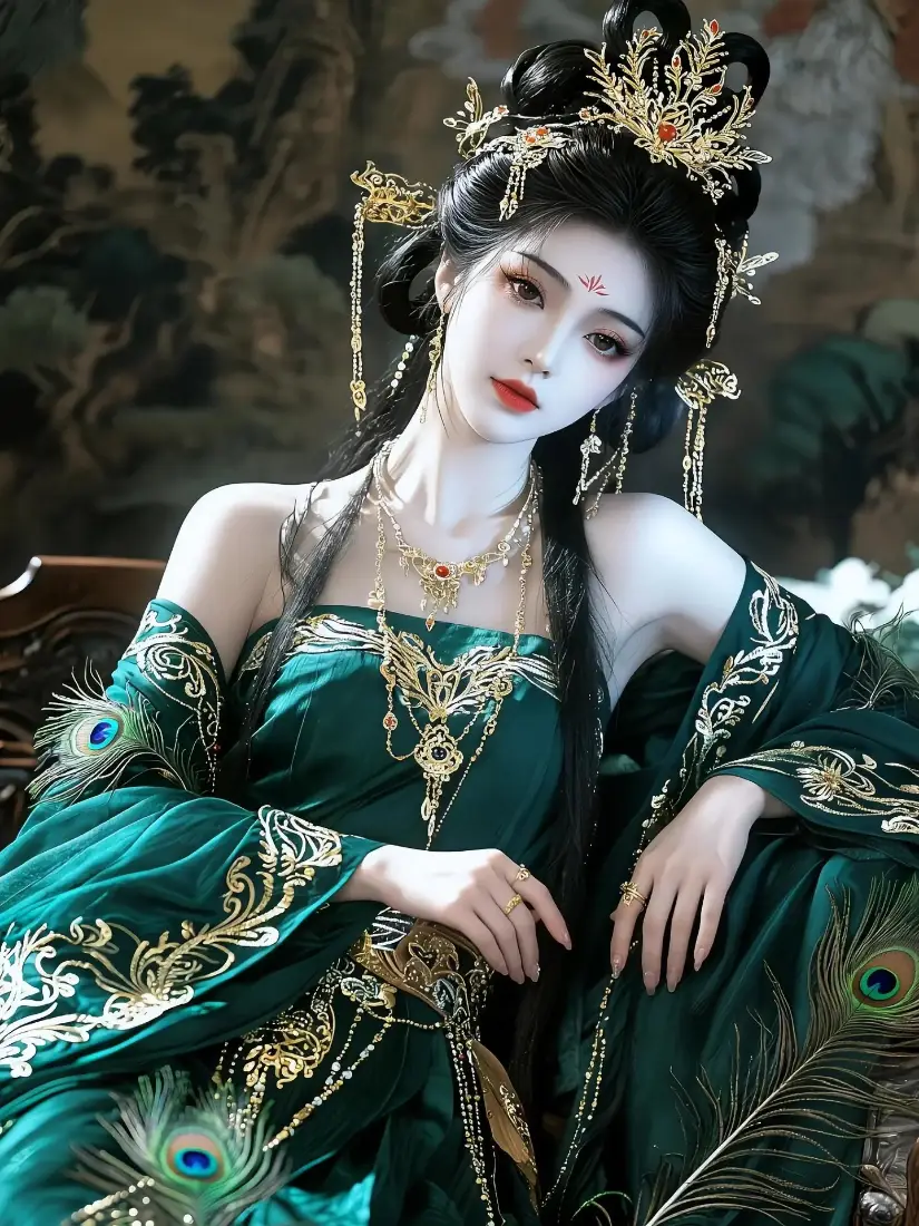 古风美女手机壁纸｜古风背景图片 - 绿色汉服孔雀装饰「哲风壁纸」