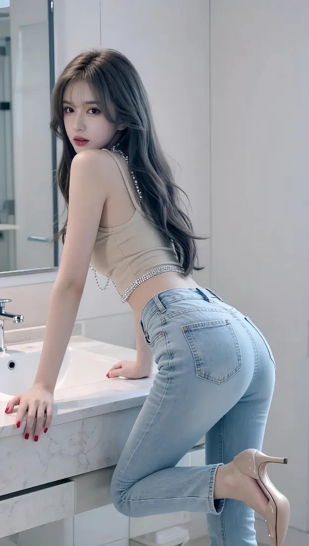 美女手机壁纸｜浴室背景图片 - 牛仔裤高跟鞋穿搭「哲风壁纸」