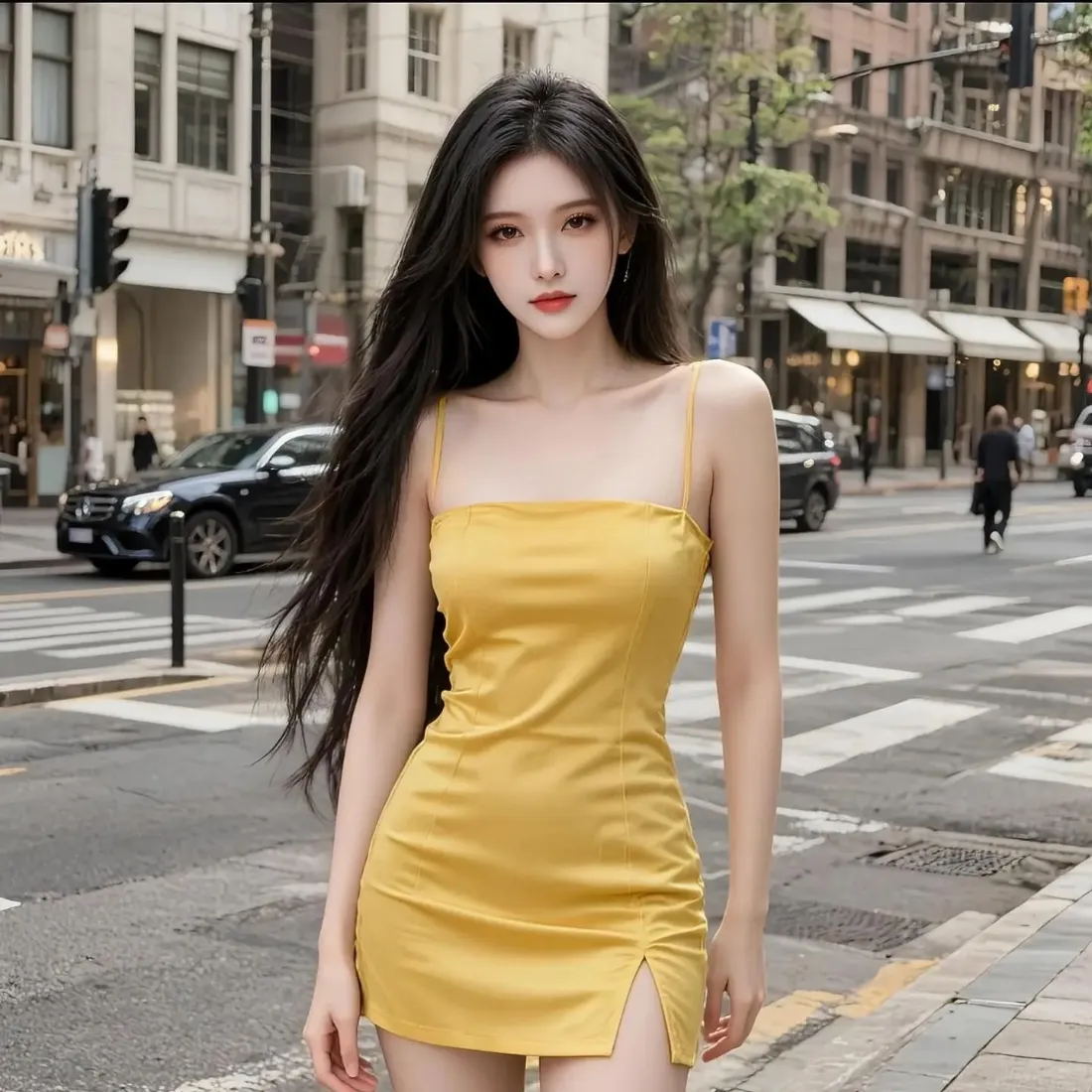 黄裙美女手机壁纸｜城市街景背景图片 - 时尚穿搭「哲风壁纸」