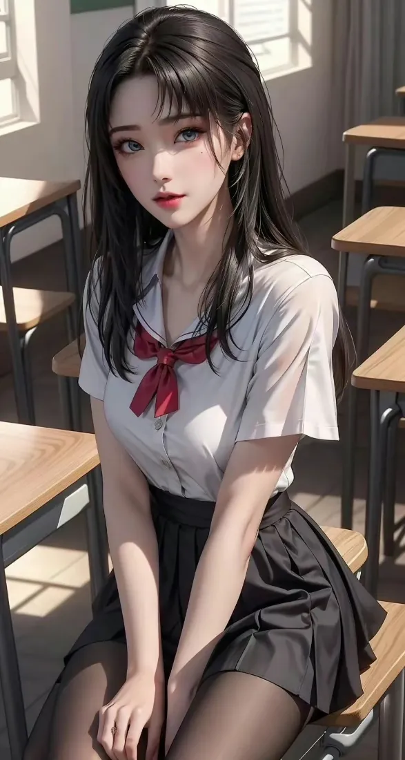 红领结美女手机壁纸｜教室背景图片 - 黑丝校服「哲风壁纸」