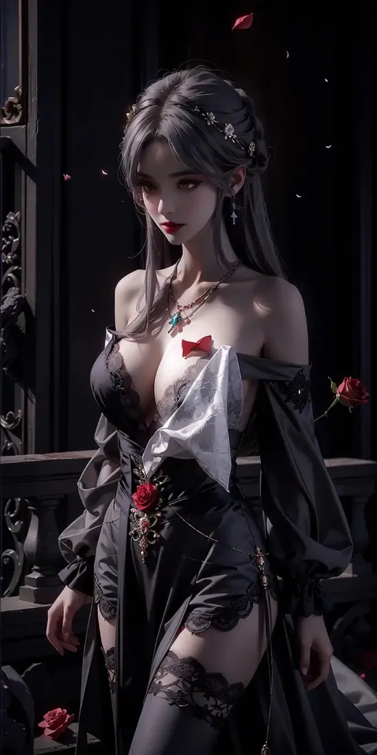 美女手机壁纸｜暗黑背景图片 - 玫瑰蕾丝袜露肩装「哲风壁纸」