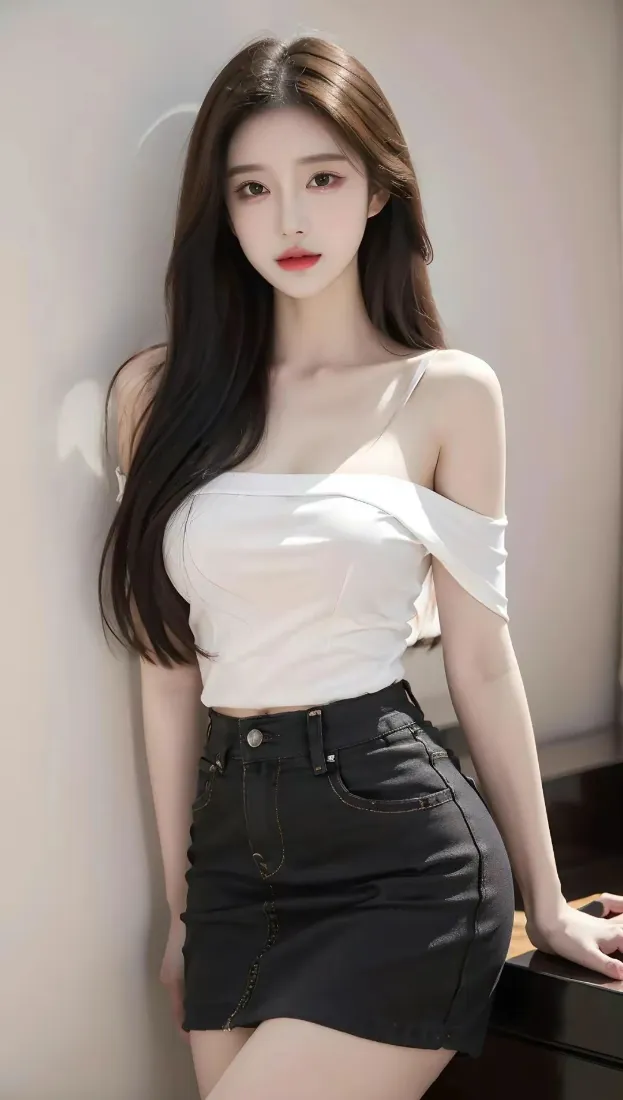 长发美女手机壁纸｜简约墙面背景图片 - 时尚短裙「哲风壁纸」