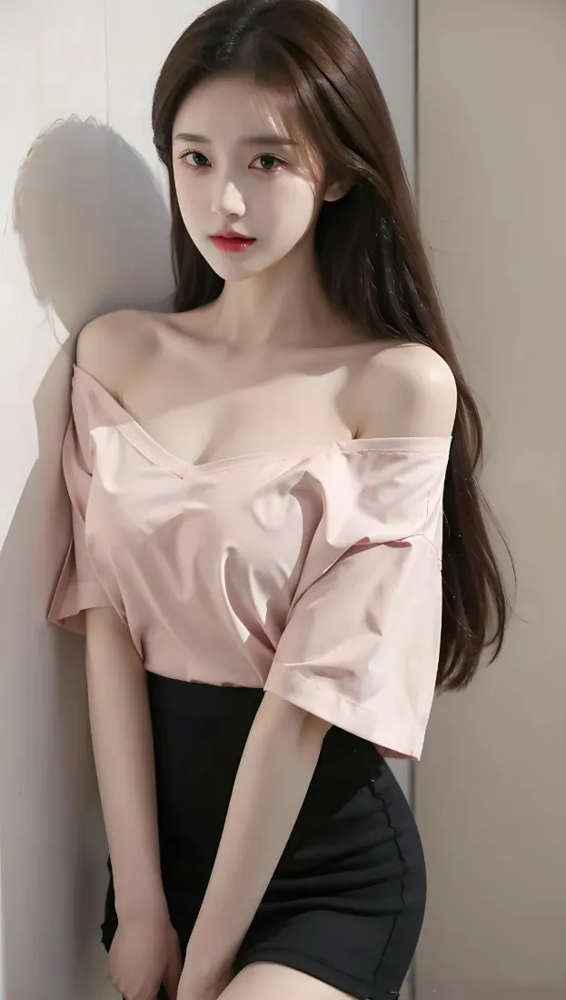 长发美女手机壁纸｜粉色露肩背景图片 - 黑色短裙「哲风壁纸」