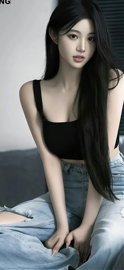长发美女黑色背心手机壁纸｜室内沙发背景 - 破洞牛仔「哲风壁纸」